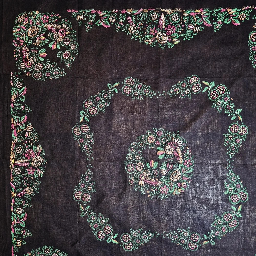 Vintage Black Cotton Square Shawl/Scarf With Printed Floral Design - Picture 6 of 8
